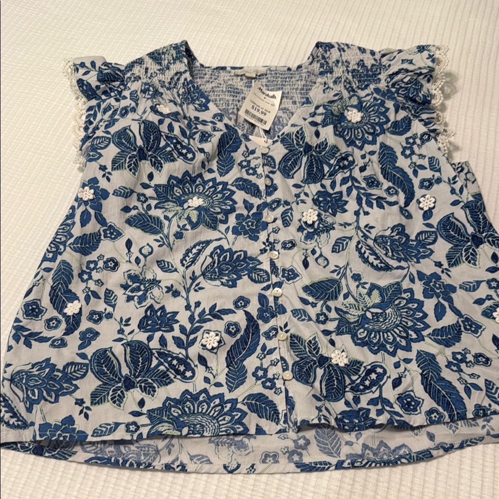 Zara Blue Floral Blouse with Ruffled Neckline